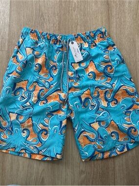 Peter Millar Octopus Swim Trunks Small Blue Orange Mesh Lined NWT MS16P03